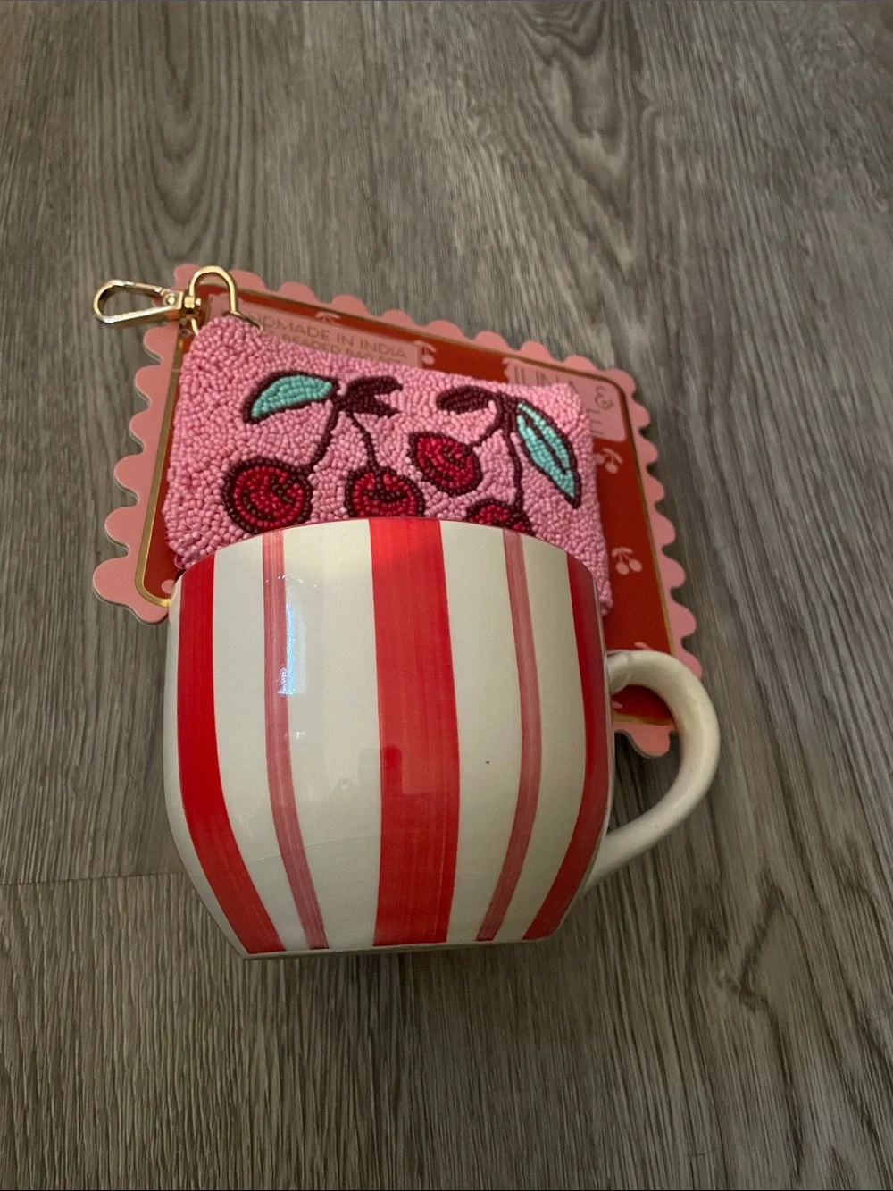 Luna & Sage Pink Beaded Cherry Key & Card Holder with Gold Clip